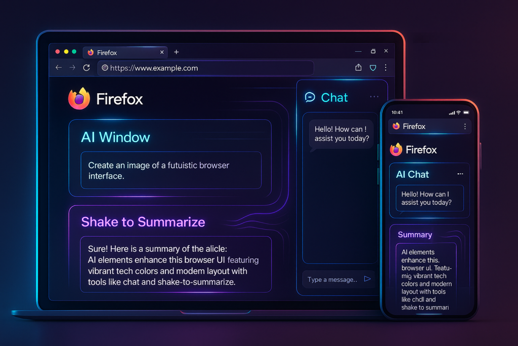 Firefox AI Window, Chat Sidebar, and Shake-to-Summarize features enhance browsing while keeping control in the user’s hands.